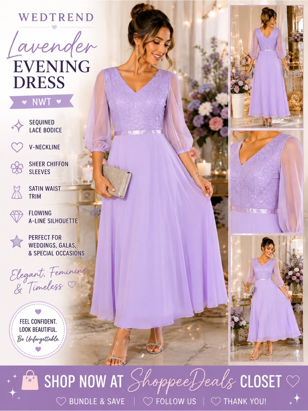 Wedtrend Lavender Sequin Lace Chiffon Evening Dress – NWT